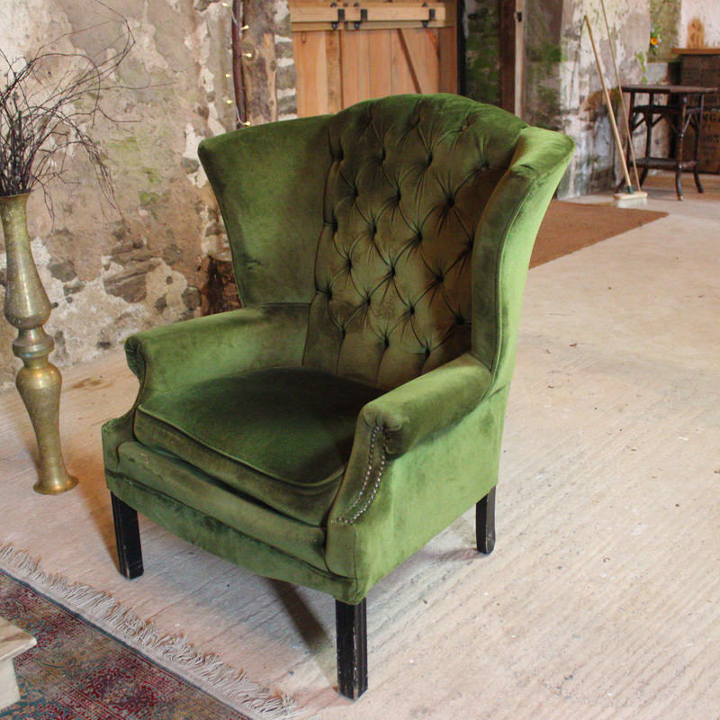 Green Chesterfield Wingback Chair with mildly worn arms  1